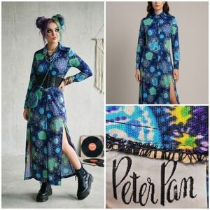 VINTAGE Peter Pan Maxi Dress Medium Blue 70s Floral Slit ILGWU Union Made in USA